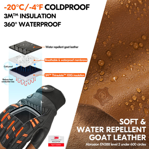 VGO  -4℉ or above Winter Waterproof High Dexterity Heavy Duty Mechanic Glove, Rigger Glove, Anti-vibration, Anti-abrasion, Touchscreen (GA8954FW-ORA)