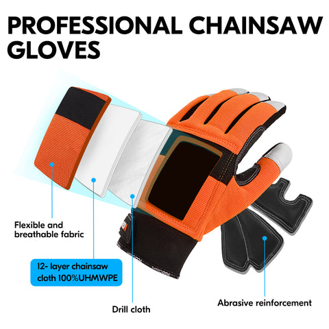 VGO Chainsaw Gloves, 12-Layer Chainsaw Protection on Both Hand Back, Safety leather Work Gloves, Mechanic Gloves(1 Pair,Orange,GA9797CS)
