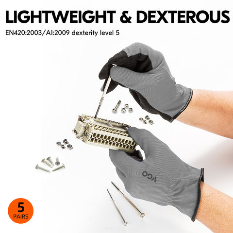 VGO 5-Pairs High Performance for Men, Multi-Functional Safety Work Gloves, Builder Gloves, Gardening Gloves, Light Duty Gloves, Value Pack (5 Colors, AL8736)