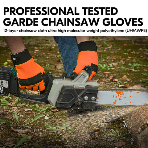 VGO Chainsaw Gloves, 12-Layer Chainsaw Protection on Both Hand Back, Safety leather Work Gloves, Mechanic Gloves(1 Pair,Orange,GA9797CS)