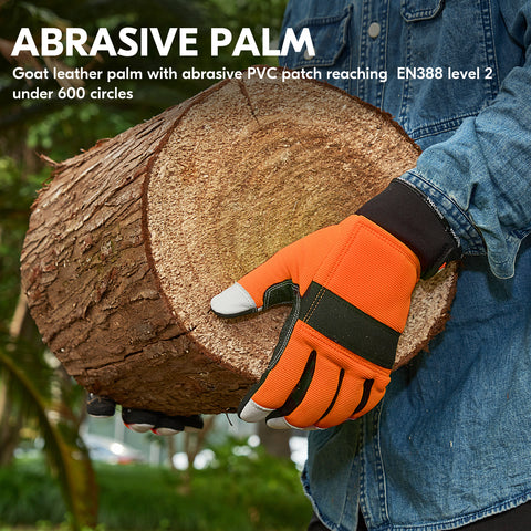 VGO Chainsaw Gloves, 12-Layer Chainsaw Protection on Both Hand Back, Safety leather Work Gloves, Mechanic Gloves(1 Pair,Orange,GA9797CS)