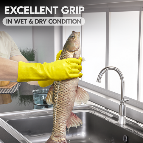 VGO 1 Pair Reusable Household Gloves Infused with Aromas, Innovative Lined Dishwashing Gloves, 3 Times durability Cleaning Gloves, Long Sleeves Kitchen Gloves, Cleaning, Working, Painting, Gardening, Pet Care, Multiple functional gloves(TP1117-YEL)