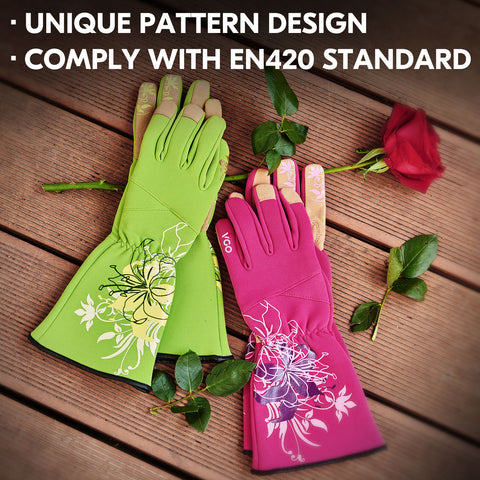 VGO 1Pair Ladies' Synthetic Leather Gardening Gloves, Long Sleeves Gauntlet, Breathable & Grip Work Gloves, High Dexterity, Washable(SL7445-RED)