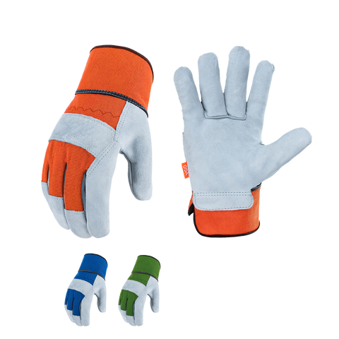 VGO Multiple Colours Cow Split Leather Men's Work Gloves with Safety Cuff (Blue&Orange&Green, CB3501)