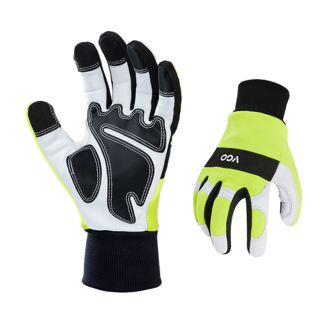 VGO Chainsaw gloves of 12-layer chainsaw protection, safety goat leather work gloves, mechanic gloves (Hi-Viz green, GA9767CS)