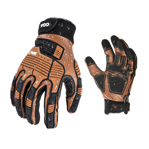 VGO 1Pair Cow Leather Work Gloves, Impact Mechanic Gloves, Abrasion Resistant, Water Resistant, Men's leather work glove (CA7722IP)