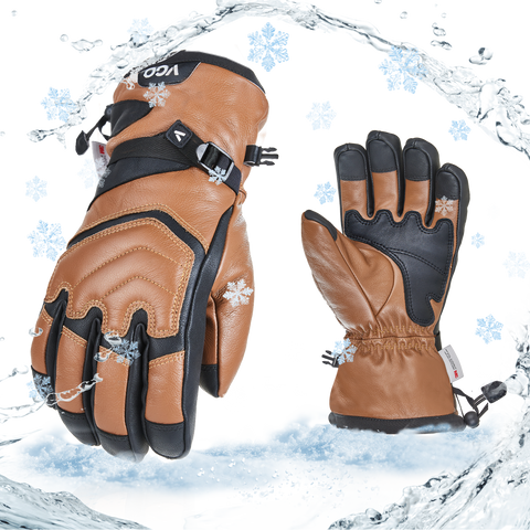 VGO 1 Pair -30℃/-22°F or Above Cow Leather Warm Ski  For Male and Female (Age Above 18 years old), Winter Snow Gloves, Outdoor Gloves, 3M Thinsulate Waterproof Gloves (CA2468FW)