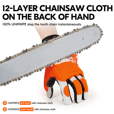 VGO Chainsaw 12-Layer Saw Protection On Both Hand Cow Leather Gloves (Orange, CA9760CS)