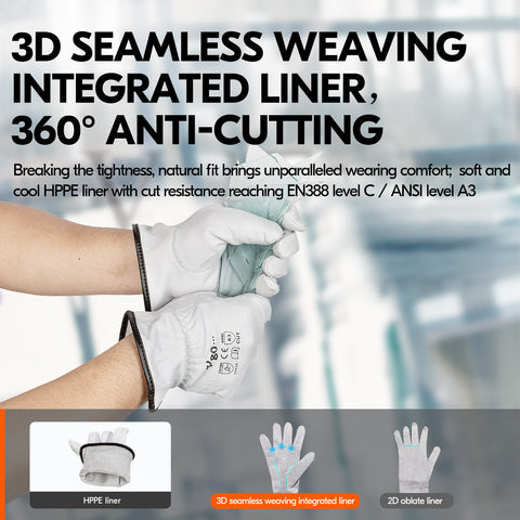 VGO EN388 Level 5 & ANSI A3 Cut Resistant Top Grain Goatskin Work Gloves (White,GA9501HY)