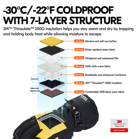 VGO 1 Pair -30℃/-22°F or Above Cow Leather Warm For Male and Female (Above 18 years old), Winter Snow Gloves, Outdoor Gloves, 3M Thinsulate Waterproof Gloves (CA2469FW)