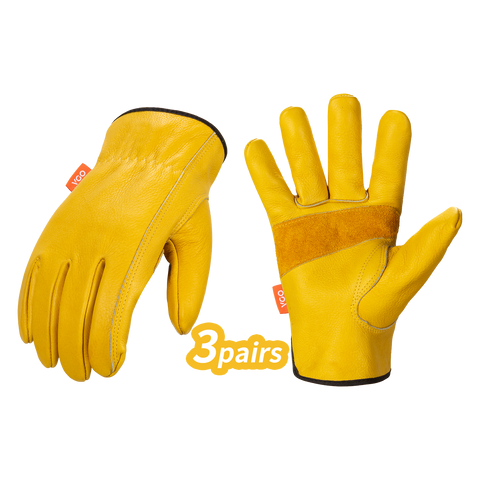 Vgo 1/3 Pairs Unlined Cow Grain Leather Work and Driver Gloves with Cow Split Leather Palm Patch（Gold,CA9590-G)