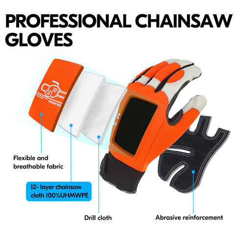 VGO Chainsaw 12-Layer Saw Protection On Both Hand Cow Leather Gloves (Orange, CA9760CS)