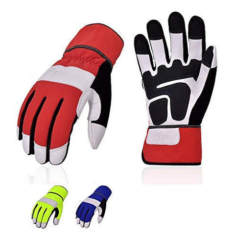 VGO 1/ 3 Pairs High Dexterity Soft Genuine Goat Leather Work Gloves (Hi-Viz Green+Blue+Red,GA7674-M)
