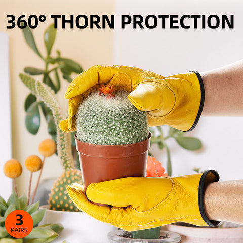Vgo 1/3 Pairs Unlined Cow Grain Leather Work and Driver Gloves with Cow Split Leather Palm Patch（Gold,CA9590-G)
