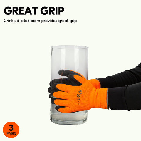 VGO 3 Pairs Foam Latex Coated Gardening and Work Gloves (Black, High-Vis Orange & Green, RB6010)