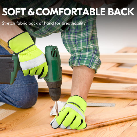 VGO 1/ 3 Pairs High Dexterity Soft Genuine Goat Leather Work Gloves (Hi-Viz Green+Blue+Red,GA7674-M)