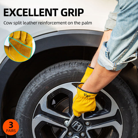 Vgo 1/3 Pairs Unlined Cow Grain Leather Work and Driver Gloves with Cow Split Leather Palm Patch（Gold,CA9590-G)