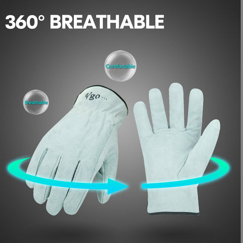 VGO  3Pairs Unlined Cowhide Split Leather Work and Driver Gloves for Heavy Duty, Truck Driving, Warehouse, Gardening, Farm (White,CB9501-W)